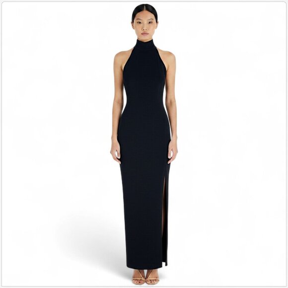 Tadashi Vintage Long Black Stretch High Neck Sleeveless Slit Gown Dress Retro L - Picture 1 of 6